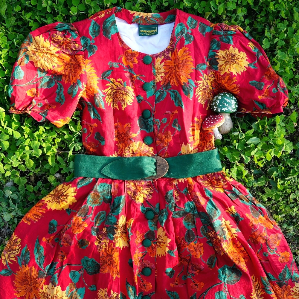 Vintage Red Maxi Dress with Bold Floral Print and Green Belt, Cottagecore, Boho